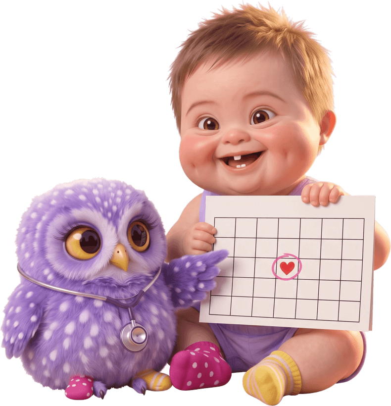 Mimo muestra un calendario con un día marcado y Bubo, con estetoscopio, lo señala