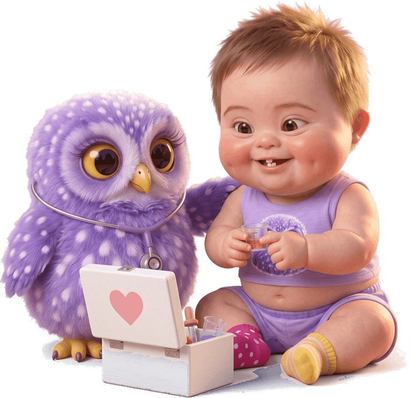 Mimo con su botiquín de juguete y Bubo con estetoscopio
